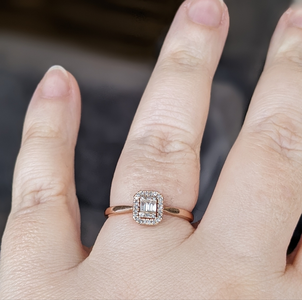 10K Rose Gold Round And Baguette Cut Diamond Cluster Ring - Picture 7 of 12